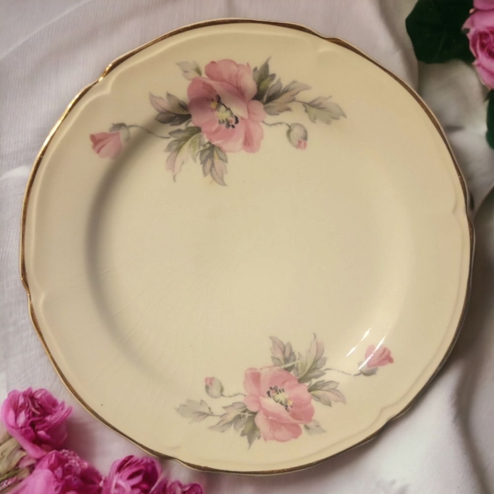 Vtg 40's Bread Butter Plate Edwin Knowles Peony Rose Pink Gold Trim